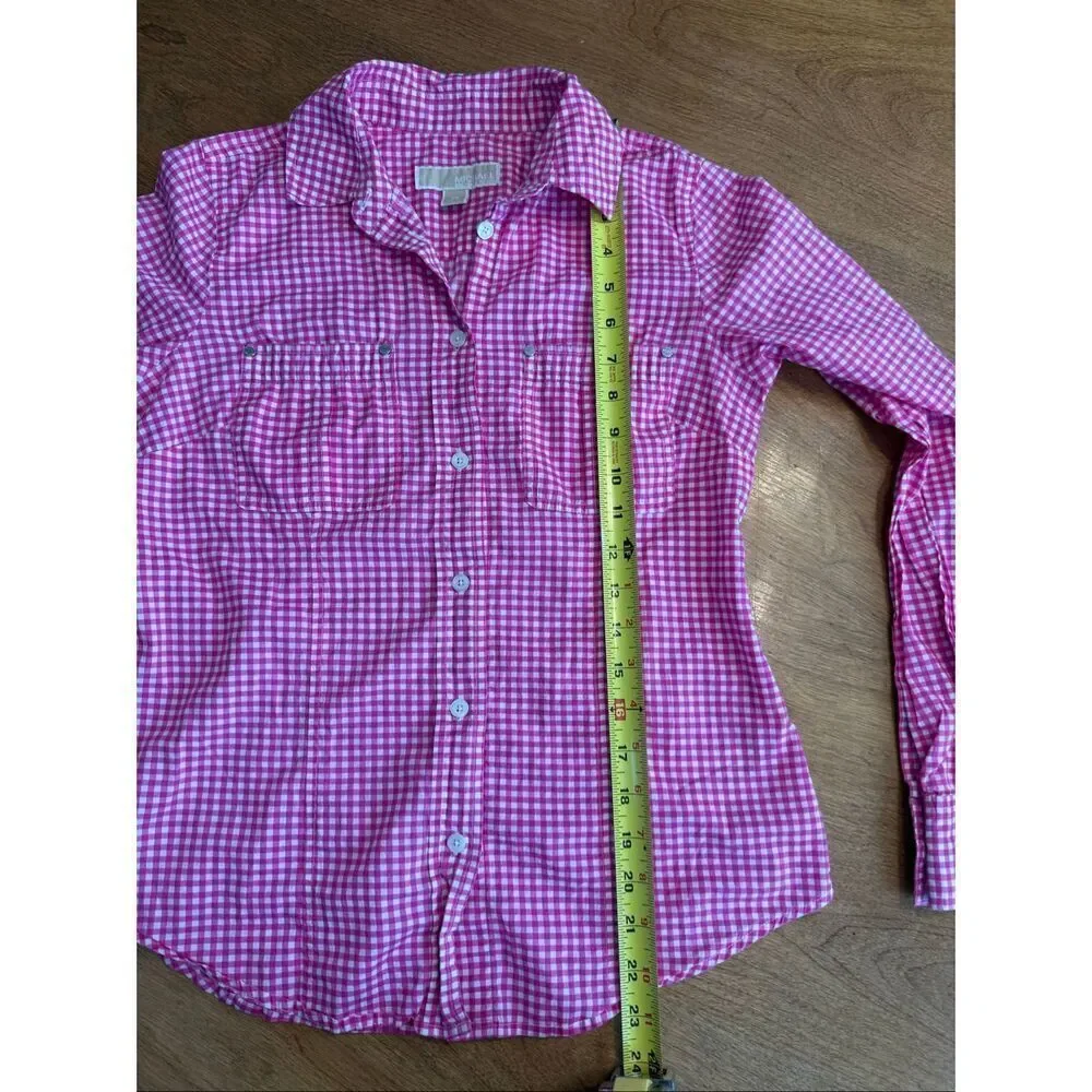 Michael Kors Women's Gingham Long Sleeve Button-up Shirt Blouse Pink White XS